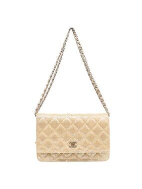 Chanel Gold Leather Silver Quilted CC Logo Chain Wallet on Shoulder Bag